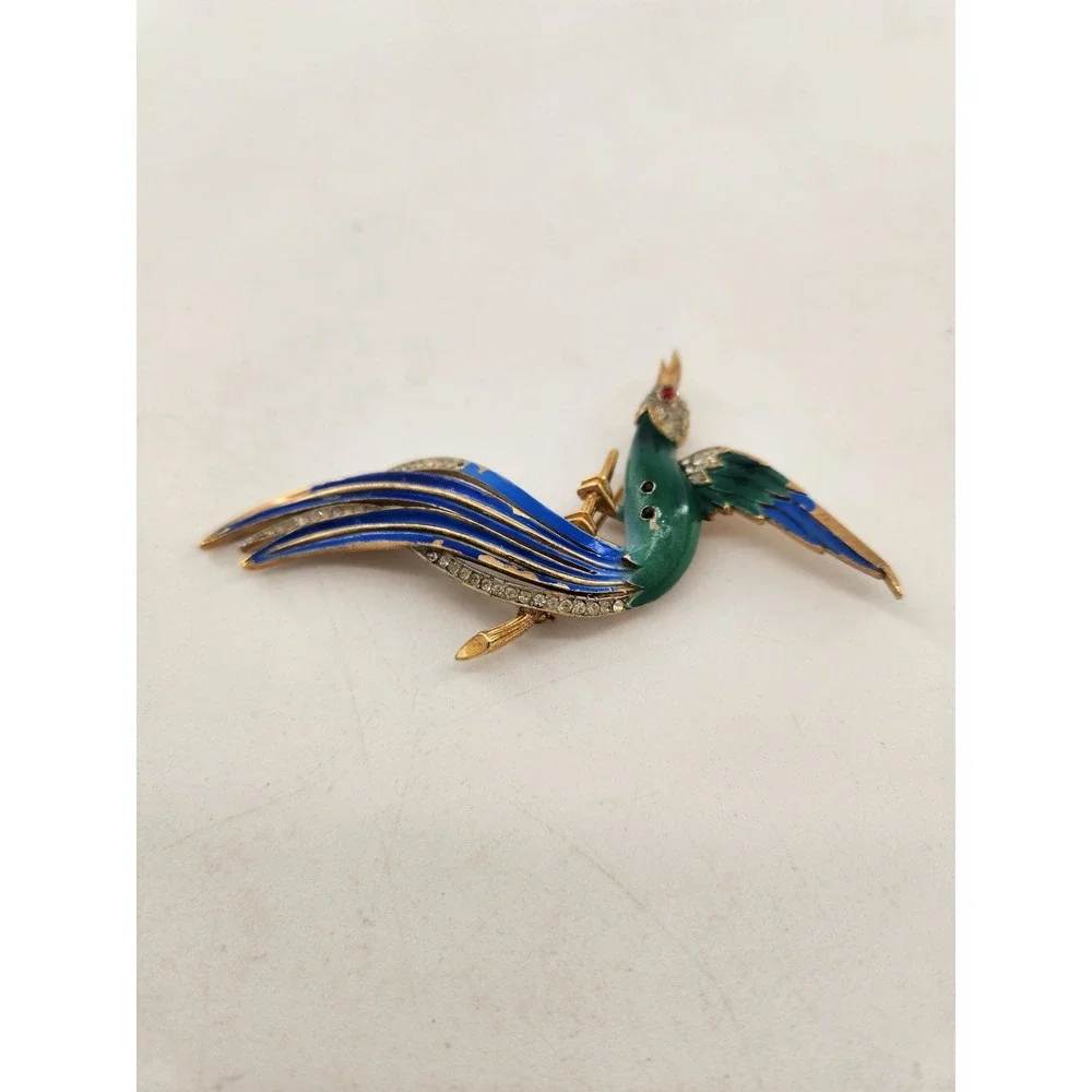 Trifari Birds‎ of Paradise Brooch & Earring Set Blue Green Enamel Rhinestone